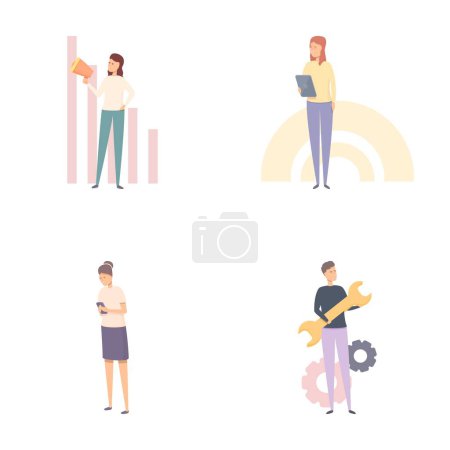 Illustration for Benchmarking concept icons set cartoon vector. People testing product quality. Online testing - Royalty Free Image