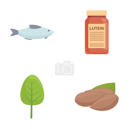 Lutein Ergänzung Symbole setzen Cartoon-Vektor. Lutein Produkt, Nahrungsergänzungsmittel. Vitamin-C-Nahrung