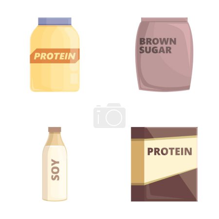 Los iconos de proteínas artificiales establecen el vector de dibujos animados. Sustituto de alimentos en varios paquetes. Alimentación saludable