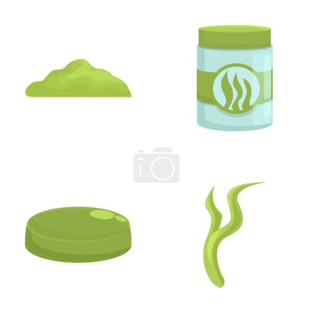 Spiruline icônes set vecteur de dessin animé. Spiruline algues en poudre et pilule. Complément alimentaire