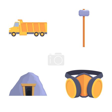 Symbole des Kohlebergbaus setzen Cartoon-Vektor. Ausrüstung für die Bergbauindustrie. Kohleindustrie