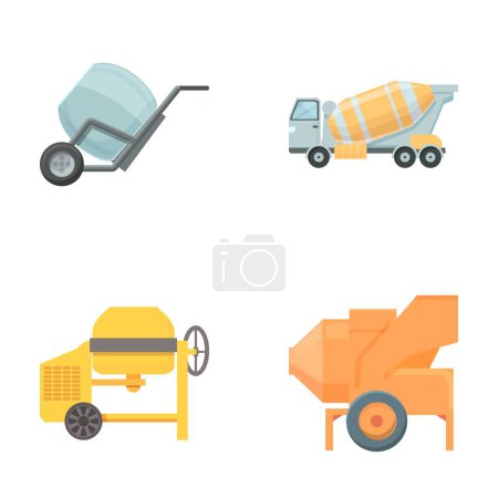 Concrete mixer icons set cartoon vector. Machinery for cement pouring. Construction machinery