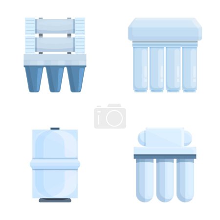 Illustration for Water filter icons set cartoon vector. Water purification and filtration system. Pure aqua - Royalty Free Image