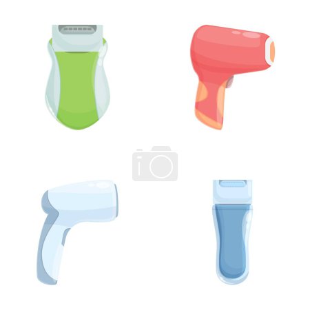 Depilator icons set cartoon vector. Female electric shaver and photo epilator. Hair removal treatment