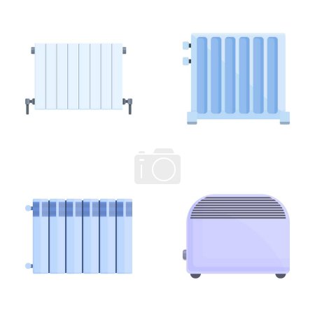 Calefacción iconos del radiador conjunto vector de dibujos animados. Equipo para proporcionar calor en casa. Dispositivo de calefacción