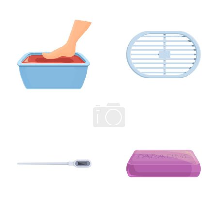 Paraffin therapy icons set cartoon vector. Cosmetic procedure for feet. Body care, spa