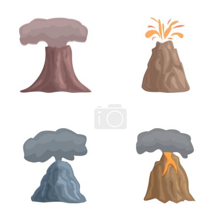 Erupting volcano icons set cartoon vector. Volcanic eruption with burning lava. Natural disaster