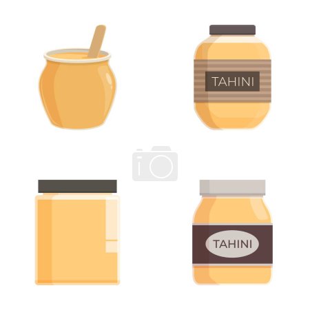icônes Tahini définir vecteur de dessin animé. Pâte de graines de sésame Tahini. Concept alimentaire