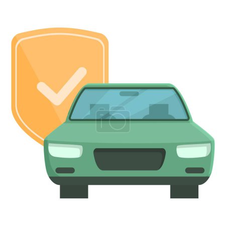Flache Design-Illustration eines grünen Autos mit orangefarbenem Schutzschild, das Sicherheit und Versicherung symbolisiert