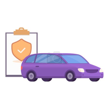 Flaches Design eines Autos neben einem Schildsymbol auf einem Klemmbrett, das den Versicherungsschutz symbolisiert