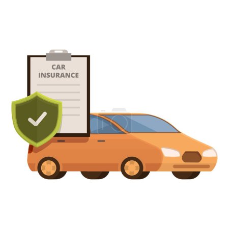 Vektorgrafische Illustration des Kfz-Versicherungskonzepts mit Schild, Police und Automobil-Sicherheitssymbol für finanziellen Schutz und Risikomanagement in der Automobilindustrie