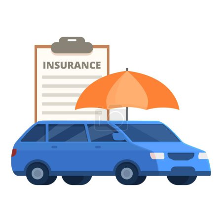 Flache Design-Konzept Illustration der Kfz-Versicherung für Fahrzeugschutz und -sicherheit. Blaue Vektorgrafik mit minimalistischem Design, die Auto, Schirmabdeckung und Risikomanagement abdeckt