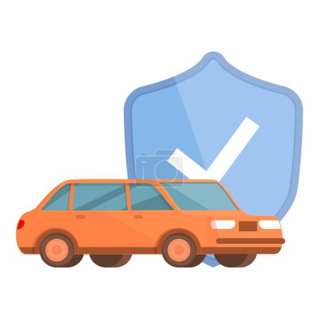 Vektorgrafik eines orangefarbenen Autos mit blauem Schutzschild, das die Versicherung symbolisiert
