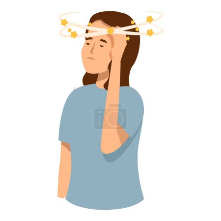 Téléchargez les illustrations : Illustration d'une femme dont les étoiles tournent autour de sa tête, symbolisant la désorientation ou le vertige - en licence libre de droit