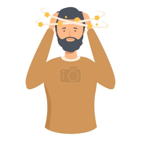Flat design illustration of a man with stars circling above his head, signifying dizziness