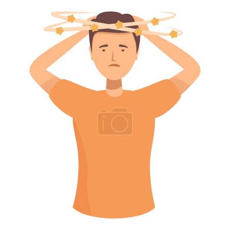 Illustration of a troubled adult male experiencing vertigo. Dizziness. And imbalance. Depicted in a simple cartoon vector graphic with a man in an orange shirt. Suffering from confusion. Nausea