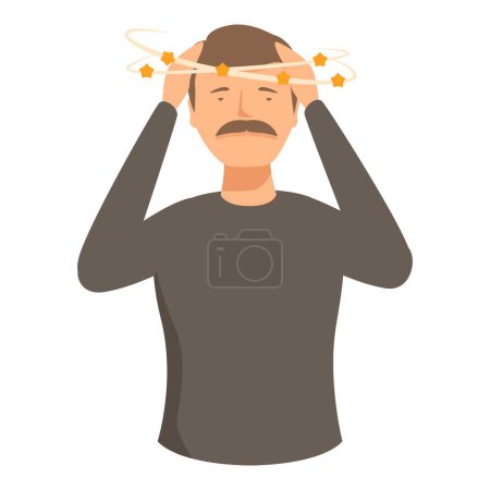 Vektorgrafik eines Mannes, der seinen Kopf hält und Sterne zeigt, die sich drehen, um Schwindel oder Schwindel anzuzeigen