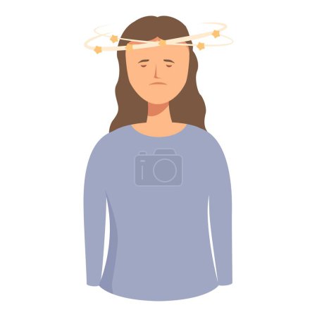 Illustration einer Frau, die aufgrund einer Erkrankung Schwindel, Schwindel und Gleichgewichtsstörungen erlebt, dargestellt in einer Cartoon-Grafik