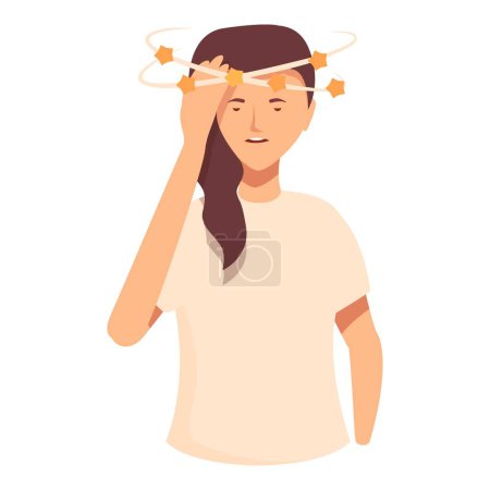 Illustration of a young adult woman feeling dizzy and unwell with symptoms of vertigo. Headache. And lightheadedness. Depicted in a simple