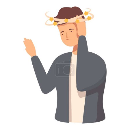 Cartoon of a man looking frustrated with tangled christmas lights on his head