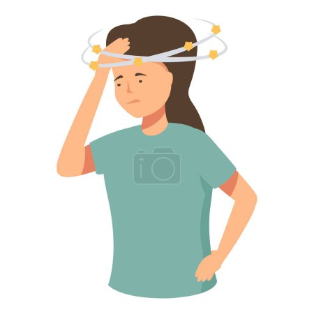 Vector graphic of a young woman experiencing vertigo, with stars circling her head