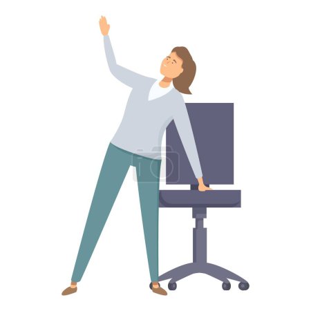 Illustration for Illustration of a smiling woman stretching next to her office chair, promoting workplace wellness - Royalty Free Image