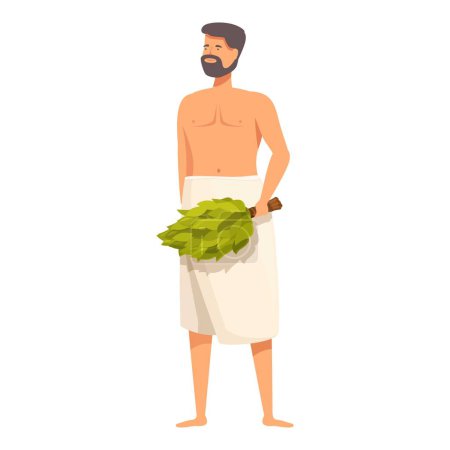 Illustration for Vector illustration of a bearded man in a towel with green bath leaves, ready for a spa day - Royalty Free Image