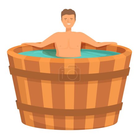 Illustration of a content man enjoying a soak in a rustic wooden barrel hot tub