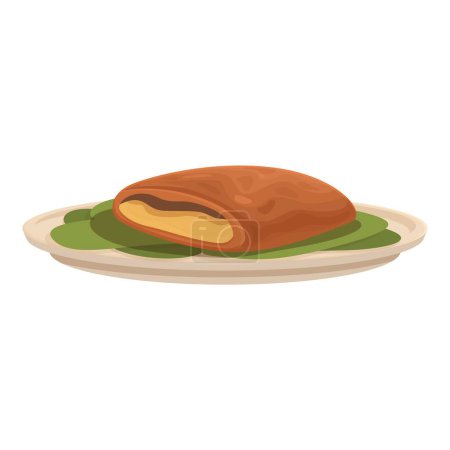 Ilustración vectorial de un jugoso filete de dibujos animados servido en una cama de verduras en un plato blanco