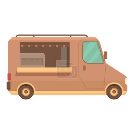 Illustration eines bunten Cartoon-Food-Trucks, der Gourmet-Mahlzeiten und Snacks auf einem städtischen Straßenfest serviert, mit einem niedlichen und niedlichen Vektor-Design mit Rädern, isoliert auf einem braunen Fahrzeug