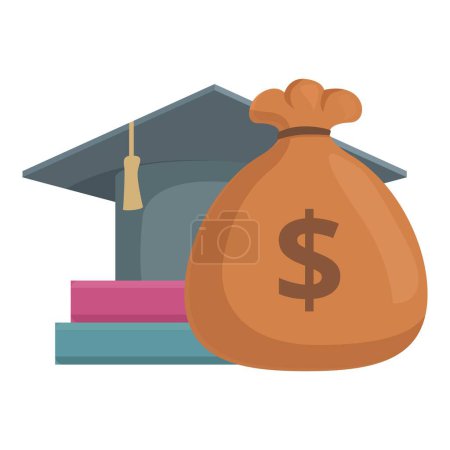 Illustration of the concept of education investment with graduation. Money bag. Tuition. Scholarship. Student loans. Financial aid. College costs. Savings. Academic funding. Budget. Cap and gown