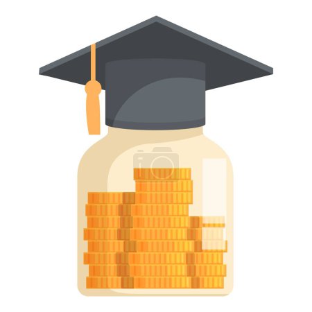 Concepto ilustrativo de ahorro educativo con tarro de dinero, pila de monedas y límite de graduación para fondos de matrícula universitaria, planificación financiera y preparación futura de fondos académicos