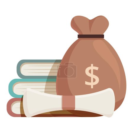 Flat vector illustration of a money bag on top of books beside a diploma, symbolizing education financing