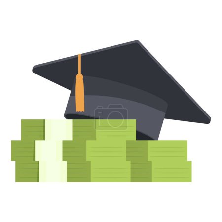Ilustración de Diseño plano de un mortero de graduación negro sobre una pila de dinero en efectivo, que simboliza la inversión en educación - Imagen libre de derechos