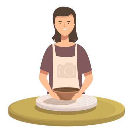 Smiling woman in apron creating pottery on a spinning wheel, against a neutral background
