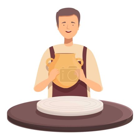 Smiling craftsman in an apron molding a clay pot on a pottery wheel