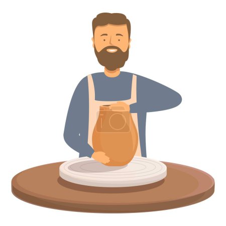 Ilustración de un alfarero barbudo feliz haciendo un jarrón en una rueda de alfareros, mostrando artesanía