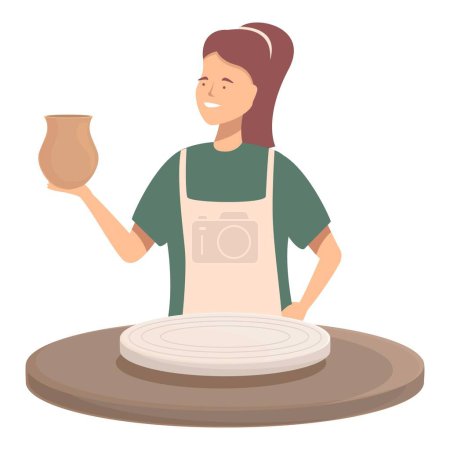 Happy female potter in apron holds a vase while working with clay on a pottery wheel