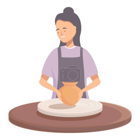 Illustration einer lächelnden Frau beim Formen eines Tontopfes auf einer Töpferscheibe, die künstlerisches Handwerk darstellt
