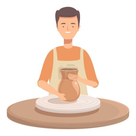 Illustrated man in apron shaping clay into a vase on a potters wheel, displaying craftsmanship