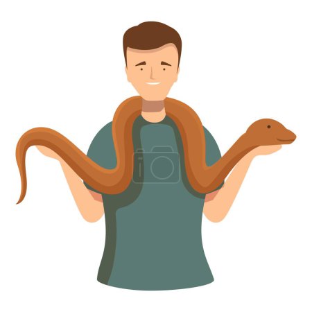 Alegre hombre ilustrado con una simpática serpiente de dibujos animados sobre sus hombros