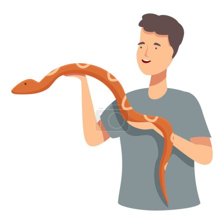 Téléchargez les illustrations : Joyeux jeune homme affiche fièrement son serpent animal de compagnie orange amical, démontrant un lien avec les reptiles - en licence libre de droit