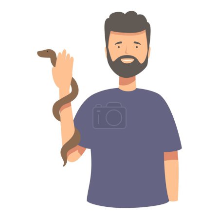 Bearded man in a casual tshirt happily interacts with a coiling snake on his arm