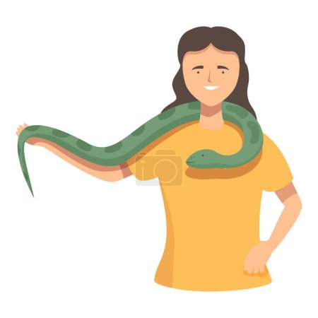 Illustration for Smiling young woman in a yellow shirt with a large green snake draped around her shoulders - Royalty Free Image