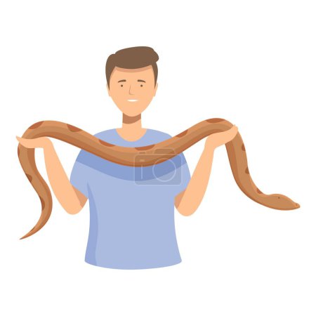 Vektorillustration eines lächelnden Mannes, der selbstbewusst mit einer langen braunen Schlange umgeht