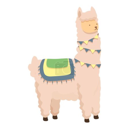 Adorable illustrated llama character with colorful saddle and pom pom decorations, isolated on white