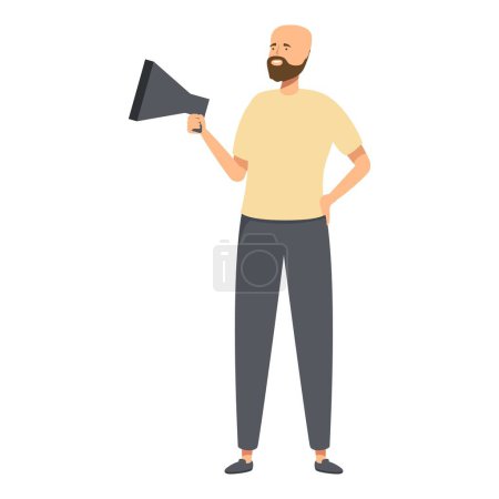 Cartoon illustration of a confident man with a beard holding a megaphone, isolated on white