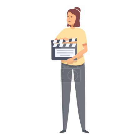 Illustration of a young adult female assistant holding a clapperboard on a film production set behind the scenes, working with the director and crew in the entertainment industry