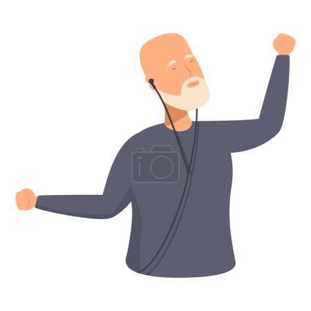 Illustration for Joyful senior male casually dressed, listens to music with closed eyes and raised fists - Royalty Free Image