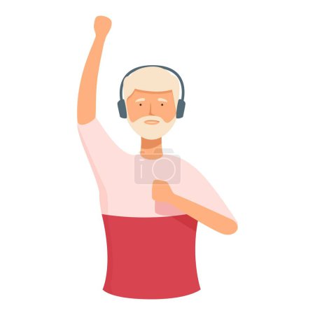Ilustración de un hombre mayor con auriculares levantando el puño de alegría